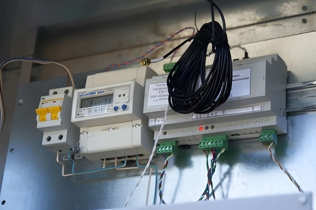 Electric control panel. The wires are connected to residual current circuit breakers and voltage monitoring relays