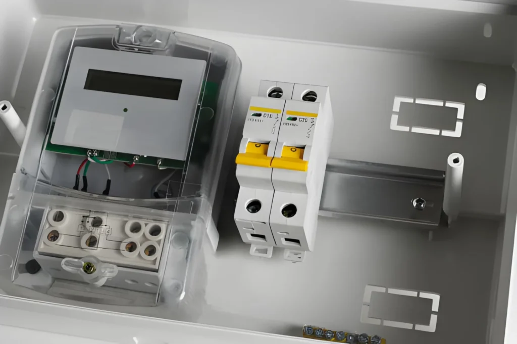 Electricity meter in a plastic electrical panel