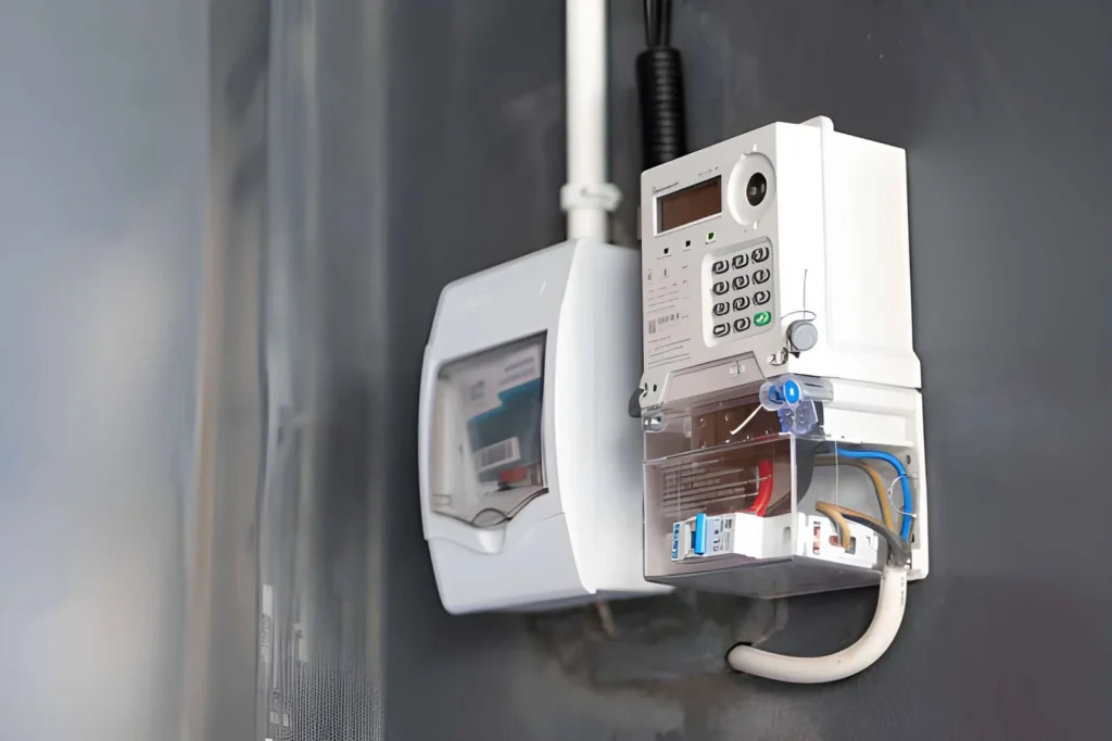 A close up view of two electric meters mounted on a wall. One is a digital meter with a keypad and display, while the other is a traditional analog meter. The background is a plain gray wall