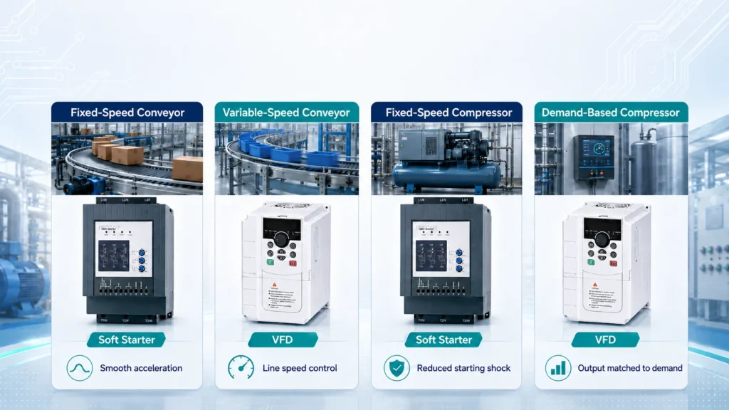 soft starter vs vfd conveyors compressors application 1280x720